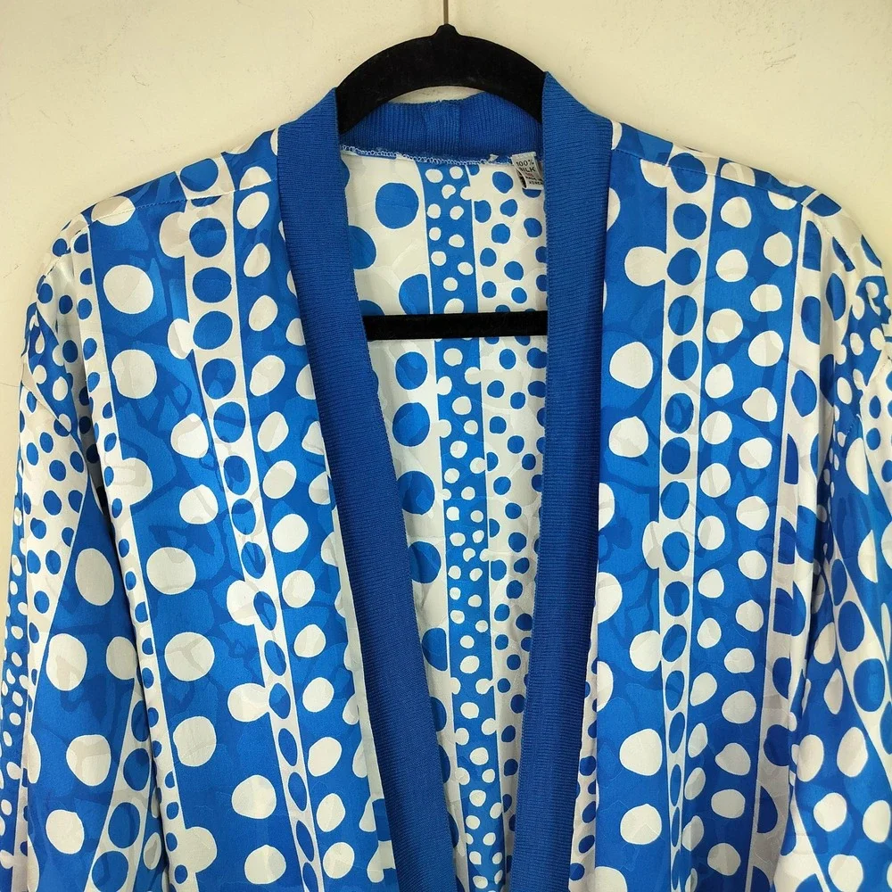 Vintage Polka Dot Silk Cardigan 16 Womens Balloon Sleeve Ribbed Cuff Blue Bold